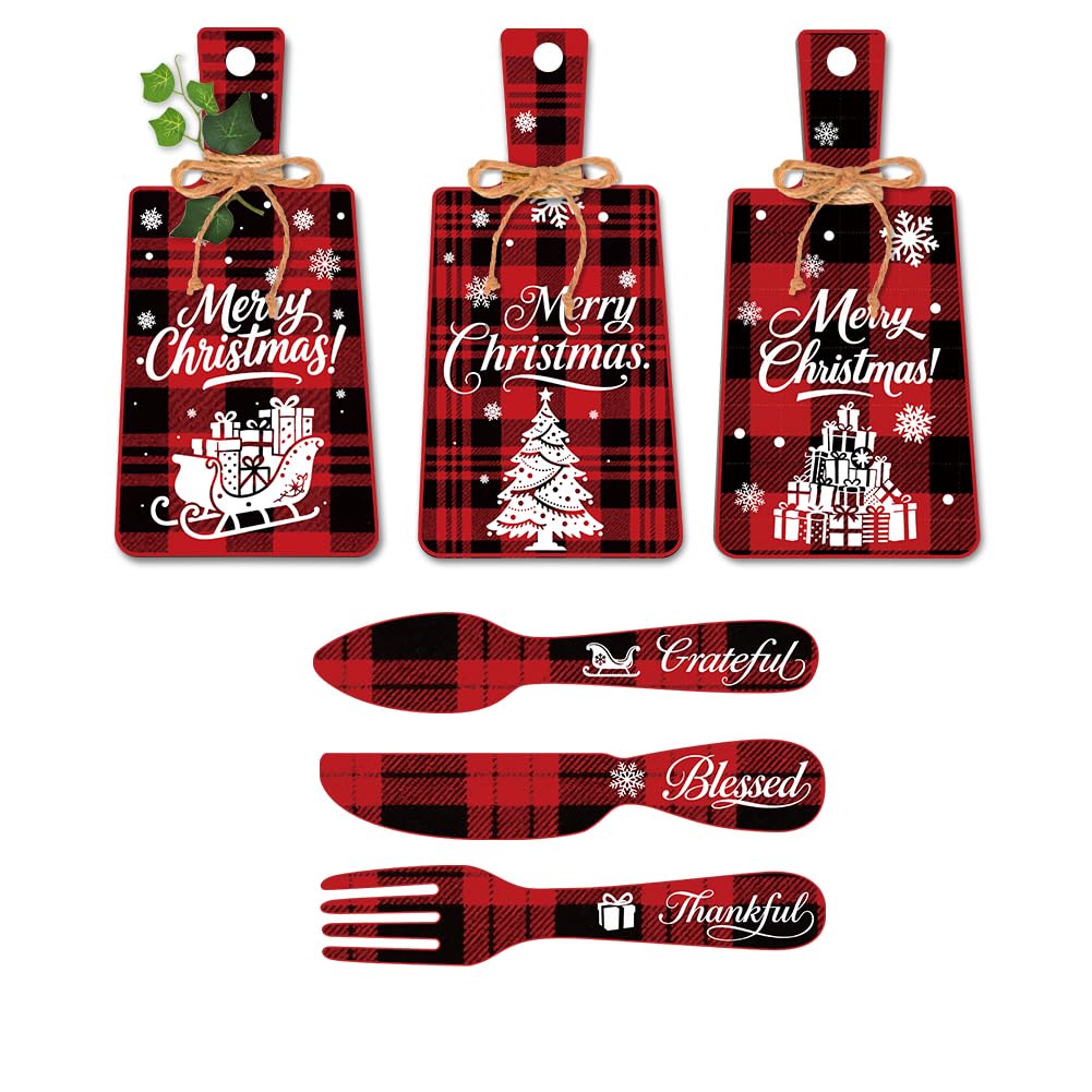 PH PandaHall 6pcs Christmas Wooden Sign, Red Plaid Christmas Kitchen Eat Sign Decorations Wall Decor Eat Art Hanging Fork Spoon Dining Signs for Home Kitchen Dining Living Room Bar Cafe
