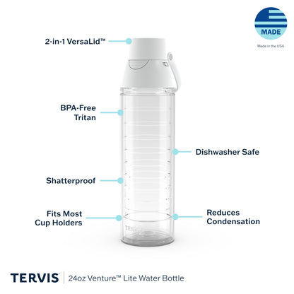 Tervis Venture Lite Clear & Colorful Lidded Made in USA Double Walled Insulated Tumbler Travel Cup Keeps Drinks Cold & Hot, 24oz Water Bottle, White Lid
