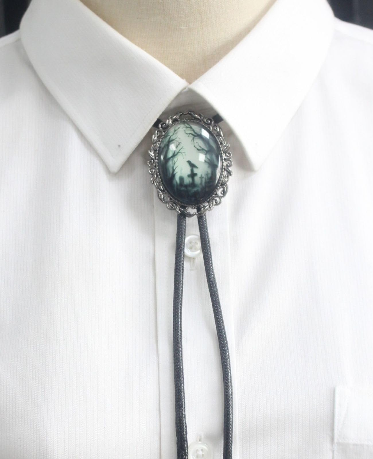 PEARLY JUN Gothic Bolo Tie for Men Women Cameo Western Cowboy Black Cat Bat Witch Vintage Halloween Jewelry Accessories Gifts (Black Cross Crow)