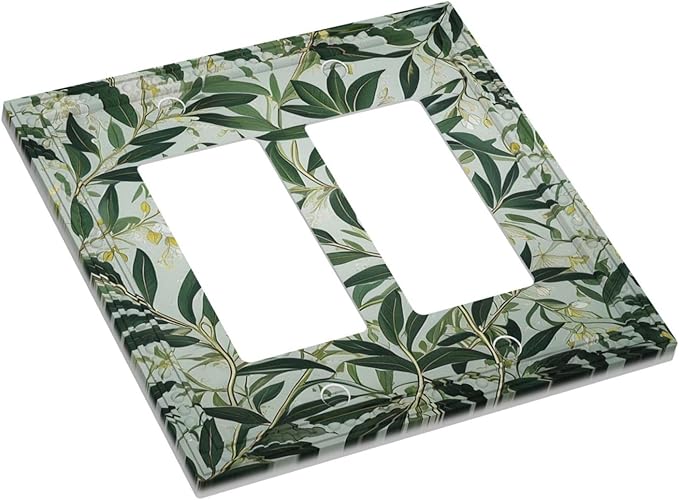 Sage Eucalyptus Leaves Foliage Dual Outlet Covers Wall Plate 2 Gang Rocker Decora Decorative Switchplate Electrical Faceplate GFCI Light Switch Covers for Farmhouse Living Decor