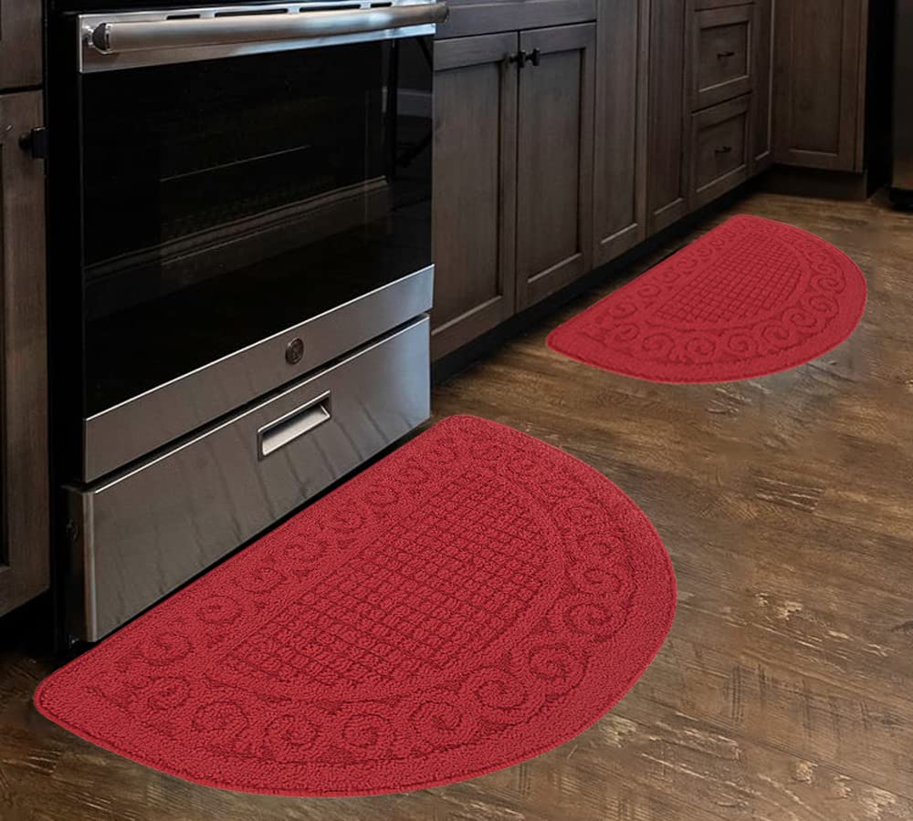 Kitchen Rugs Mats for Floor 2 Piece 18”X30”, Non Slip Washable Kitchen Mat, Absorbent Standing Throw Rug,Half Circle Carpet for Front of Sink,Laundry Room,Entryway, Red