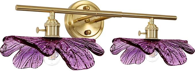 Gold Bathroom Vanity Lights Over Mirror, 2 Light Vintage Wall sconces with Purple Glass Shade Bathroom Lighting Fixture mid Century Wall Sconce Glass Wall Lighting for Bedroom Doorway Hallway