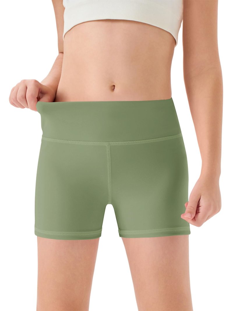 Haloumoning Girls Athletic Shorts Kids High Waisted Yoga Dance Biker Shorts Comfy Gymnastics Shorts 5-14Y Olive Green
