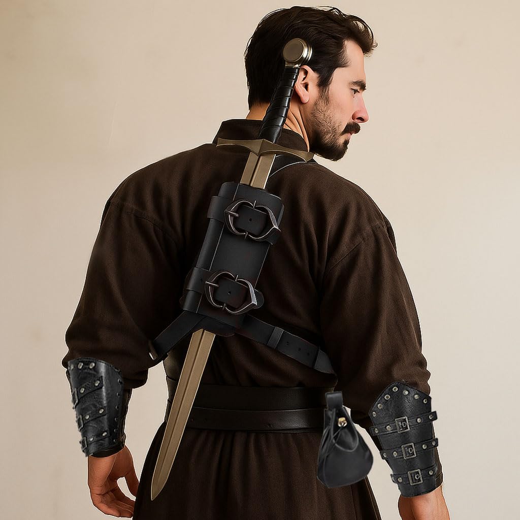 Medieval Back Sword Frog Holder Bracers Belt and Belt Pouch Viking Warrior Costume Renaissance Accessory Cosplay Props (Black)