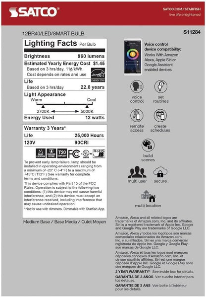 Satco S11284 Starfish WiFi-Control BR40 LED Color-Changing and Tunable White Smart Light Bulb, 12 Watts, 2700K-5000K