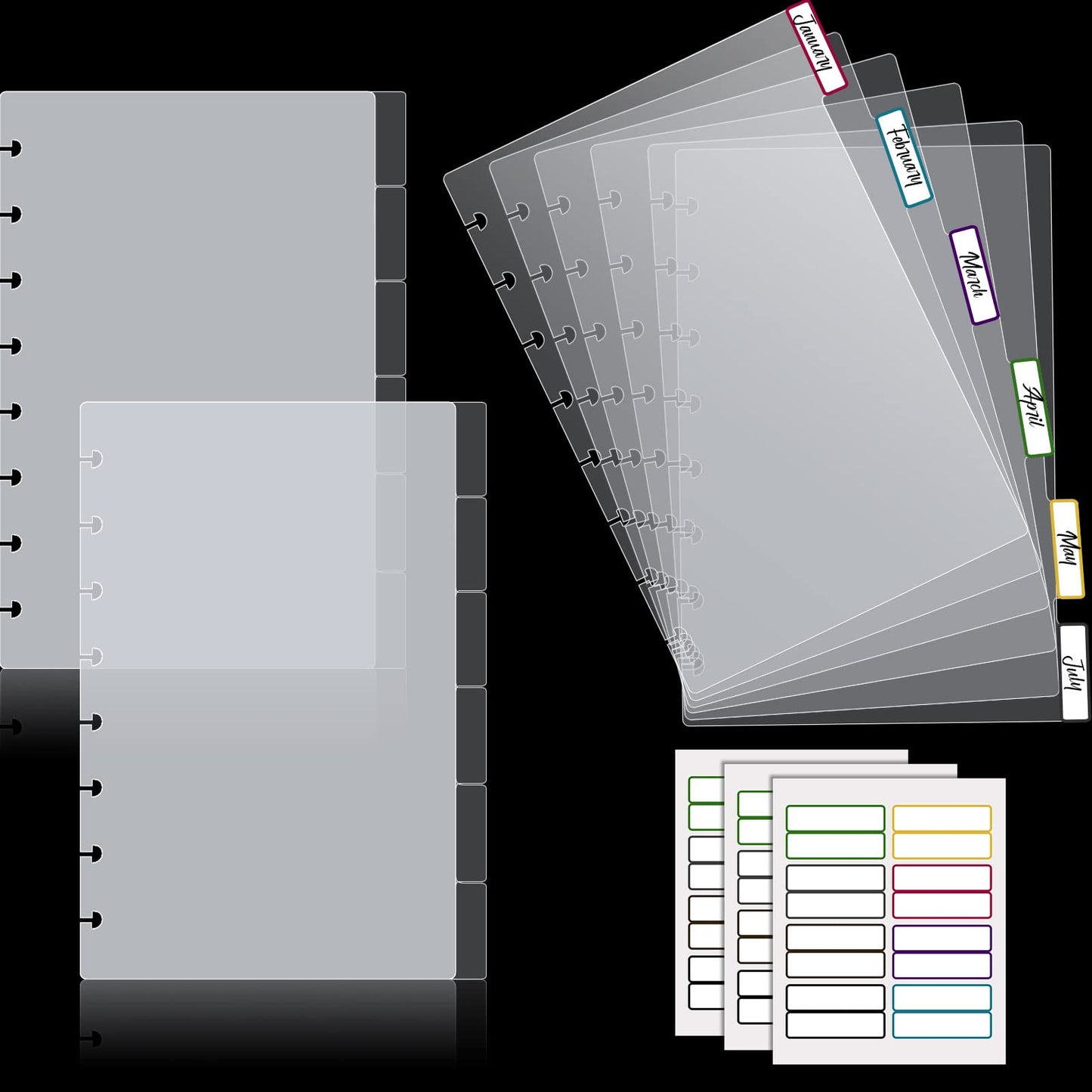 15 Sheets Junior Poly Tab Dividers for Discbound Notebooks Disc Bound Planner Supplies Dividers Tab Binder Index Notebook Accessories for Semi Transparent(White)