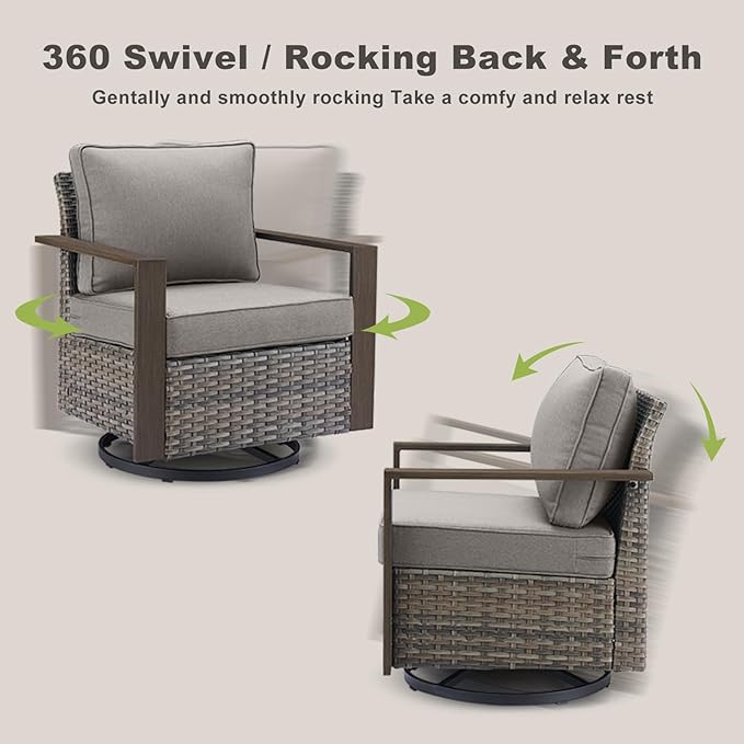 Rilyson Outdoor Wicker Patio Furniture Set - 4 Piece Patio Conversation Set with 2 Wicker Swivel Rocker Chairs,2 Rattan Ottoman, Thick Cushions, Deep Seating, Wide Armrest(Mixed Grey/Grey)
