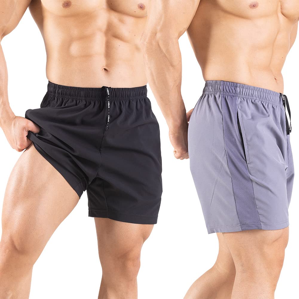 Gaglg Men's 5" Running Shorts 2 Pack Quick Dry Athletic Workout Gym Shorts with Zipper Pockets Black/Gray,Large