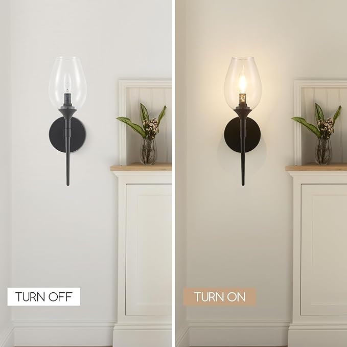 Modern Black Wall Sconces Set of 2, Glass Wall Sconces for Bedroom, Industrial Sconce Wall Lighting for Entryway Bathroom Living Room Stairway
