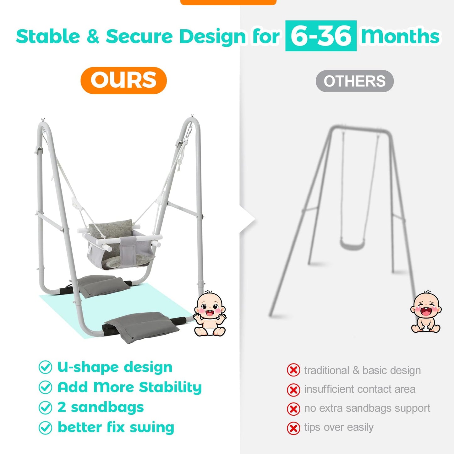 FUNLIO Baby Swing Set for Toddlers 6-36 Months, Foldable & Portable Swing for Indoor & Outdoor, Heavy Duty Metal Frame, Includes 2 Weight Bags & 4 Anti-Slip Pads, Easy to Assemble & Store – Gray