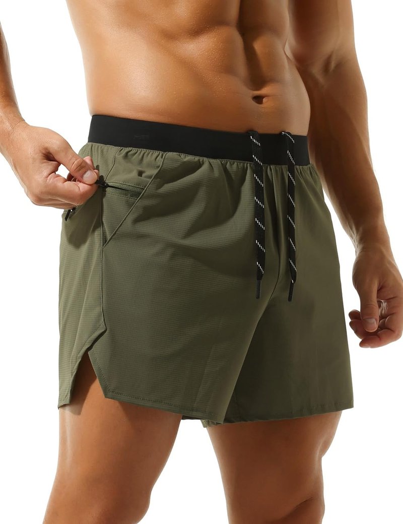 Rexcyril Men's Gym Workout Running Shorts 5 Inch Quick Dry Athletic Bodybuilding Shorts with Zipper Pockets, ArmyGreen/Black, Small