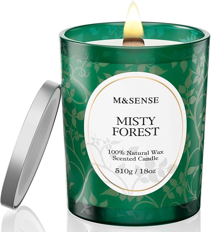 M&SENSE Eucalytus Pine Strong Scented Candle, Wooden Wick Candle, 100 Hours Slow Burning No Toxin Natural Soy Wax 18oz, Relax Aromatherapy Fall Winter Home Fragrance,Housewarming Gifts for Men Women