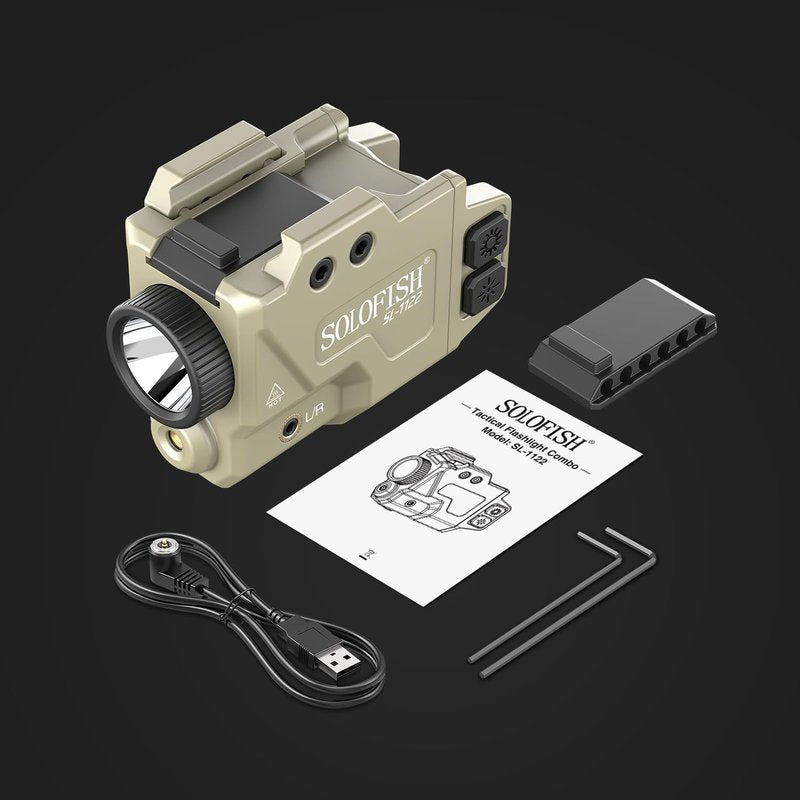 SOLOFISH 800 Lumens Pistol Light and Green Beam Combo, Strobe Function for Tactical Flashlight with Slidable Fits Guns w/Rail, Magnetic Charging, Desert Tan