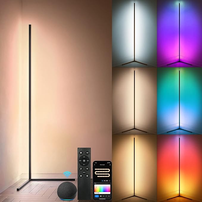RGBWW Corner Lamp, Color Changing Floor Lamps for Living Room, Compatible with Alexa, Google Home, WiFi APP Remote Control, 2700k-6500k Smart LED 61" Tall Standing Lamp for Bedroom Game Room