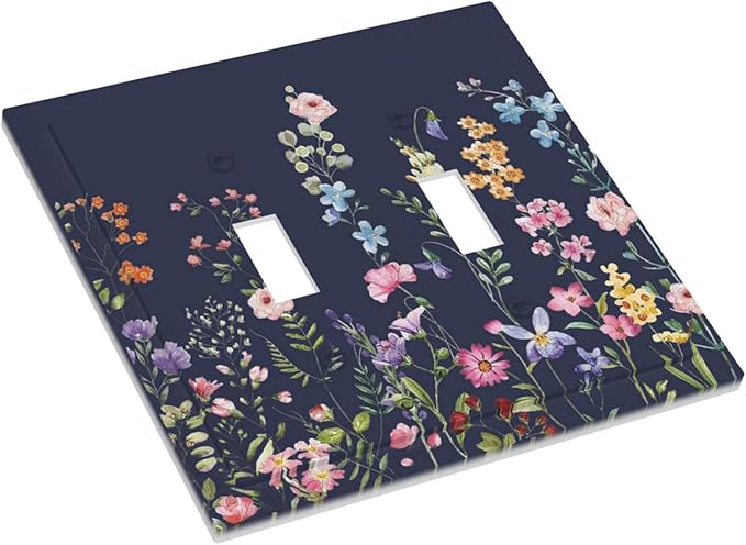 Rustic Wild Floral Darkground Vintage Watercolor Flower Double Toggle Light Switch Covers Decorative 2 Gang Wall Plate Dual Electrical Faceplate Switchplate for Kitchen Decor