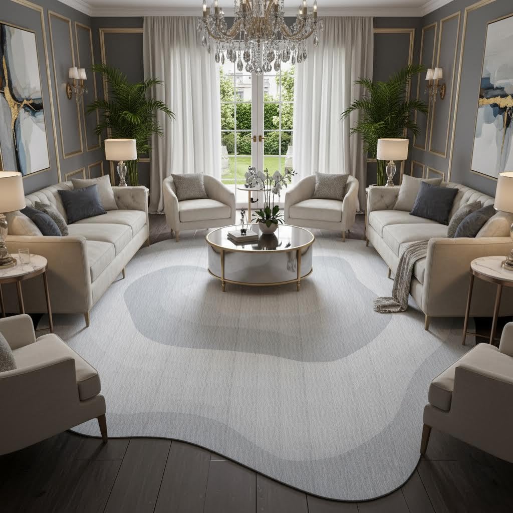 Irregular Rug 5ft Light Grey Ombre Abstract Texture Modern Washable Area Rugs for Living Room Bedroom Dining Room Ultra Round Large Carpet Odd Shaped Home Office Nursery Room Artistic Home Deco