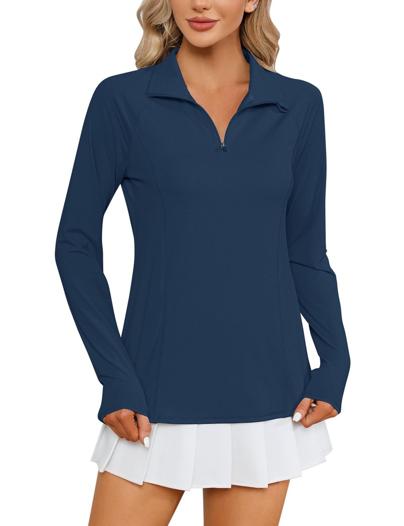 LOMON Women Long Sleeve Shirts Sun Protection 1/4 Zip Summer Quick Dry Hiking Shirts Hiking Shirts Women Quick Dry（Navy Blue,M）