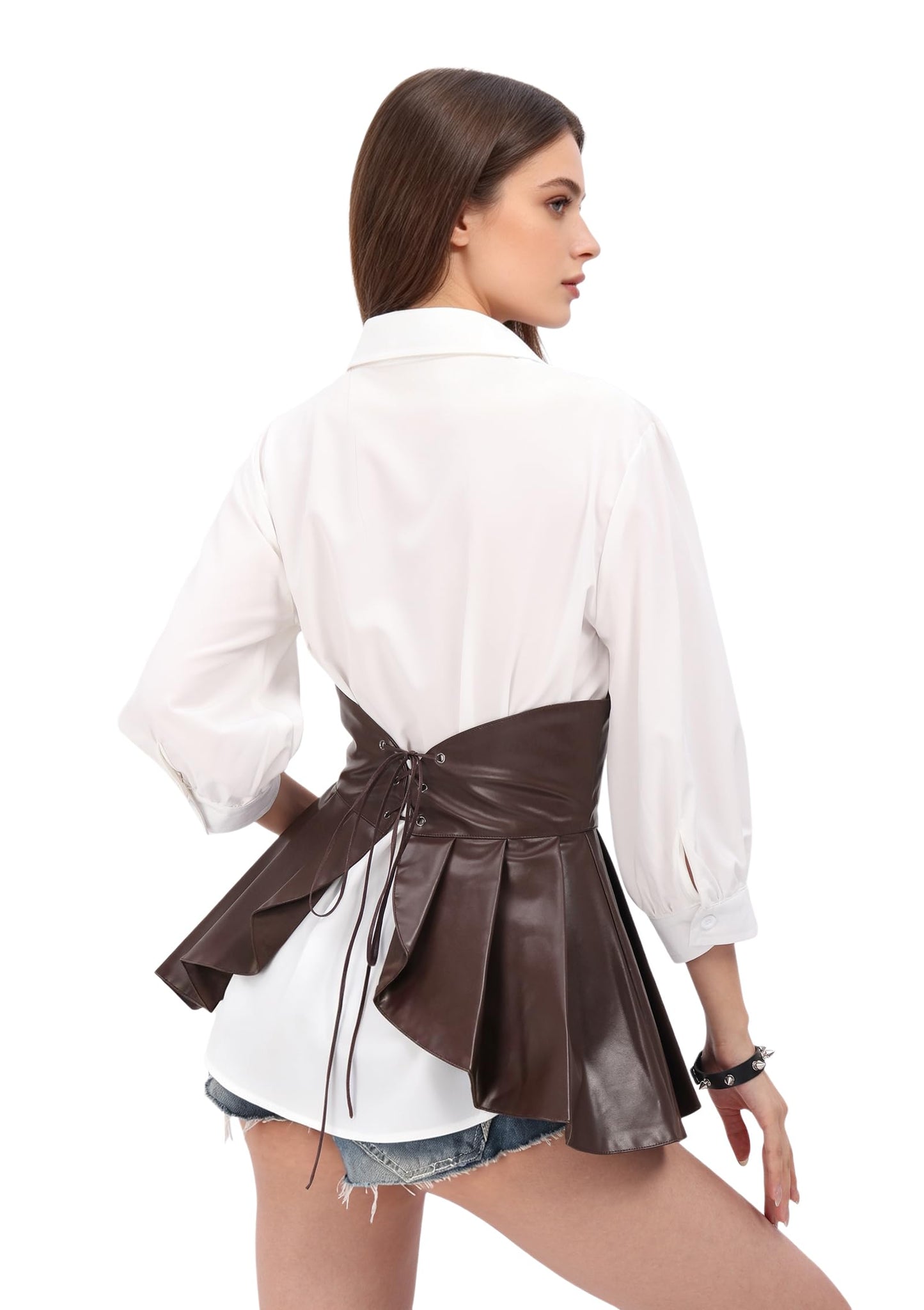 DAZCOS Gothic Retro Faux Leather Waist with Ruffle Adjustable Corset for Lolita Dark Style Dresses (US, Alpha, Large, Regular, Regular, Brown)