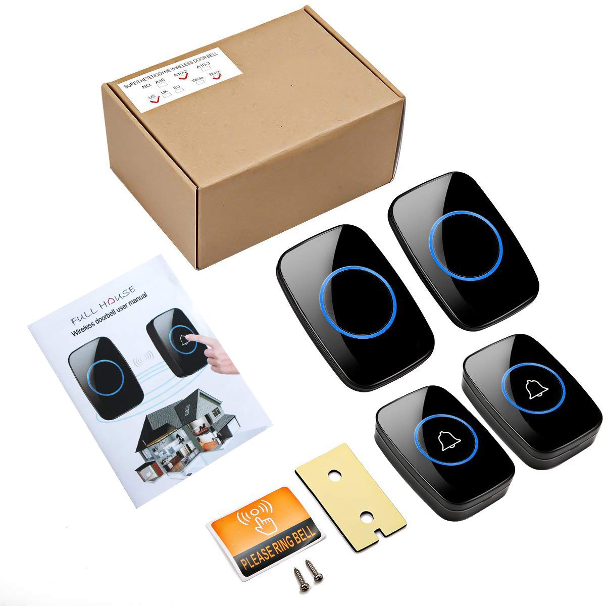 Wireless Doorbell, Waterproof Door Bell Kit, Distinguish Front and Rear Doors, Over 1000 feet Range and 60 Chime, 5 Levels Volume and LED Flash, for Home Office Classroom