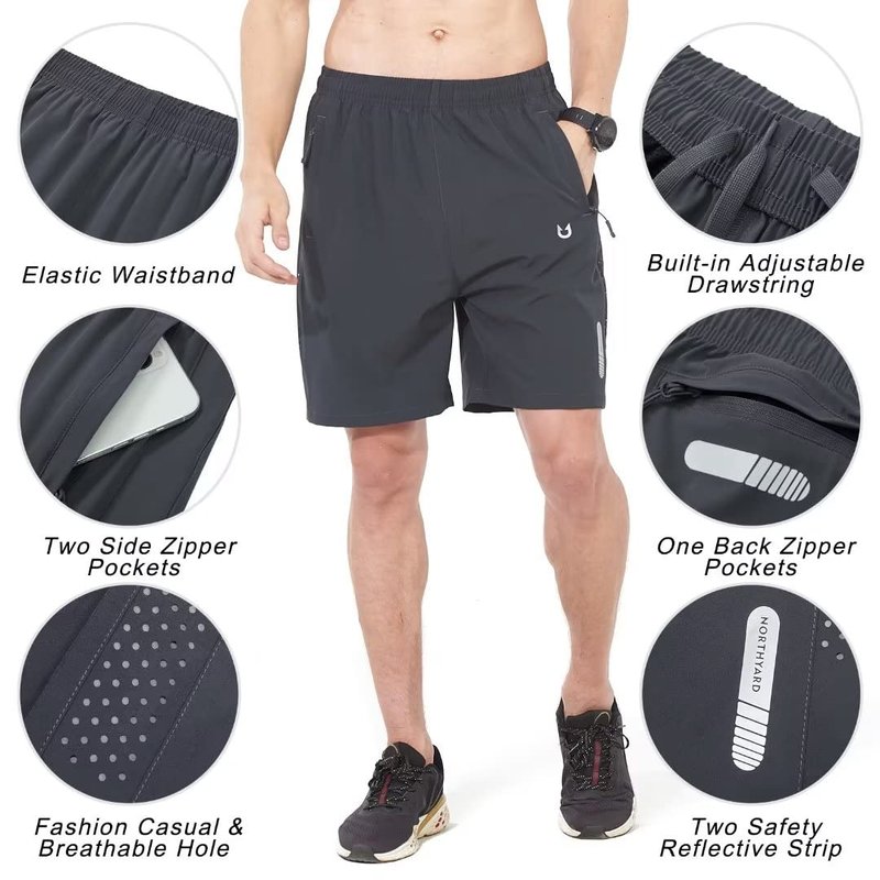 NORTHYARD Men's Athletic Running Shorts Gym Workout 7"/9"/5" Quick Dry Lightweight Sports Basketball Tennis 3 Zipper Pockets Darkgrey M