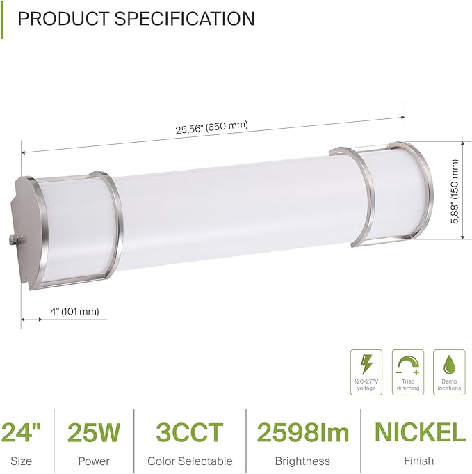 ASD LED 24" Vanity Flush Mount Light Fixture, Linear Bathroom Lighting Bar | 3CCT, Dimmable, ETL Listed | 25W 2600LM 3000-5000K 100-277V | Long Tube Bath Wall Sconce Over Mirror | Nickel, 4 Pack