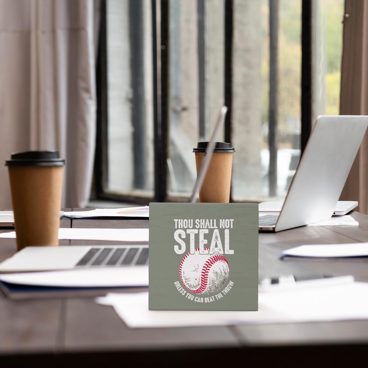 Funny Retro Baseball Wood Signs for Office Desk Decor, Baseball Lover Gifts ffice Desk Accessories, Sports Fan Gifts Home Shelf Decor,Thou Shall Not Steal Unless You Can Beat The Throw 5x5(Christmas)
