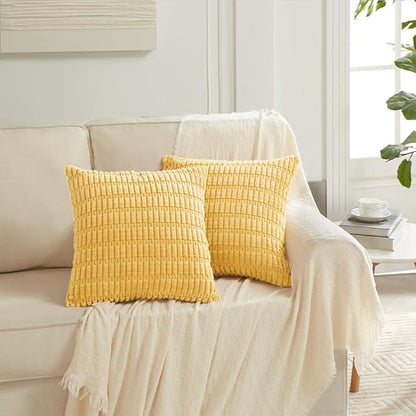 Fancy Homi 1 Pack Boho Yellow Spring Decorative Throw Pillow Covers 22x22 Inch for Couch Bed Sofa, Rustic Modern Farmhouse Home Decor, Soft Plush Corduroy Cute Square Cushion Case 55x55 cm