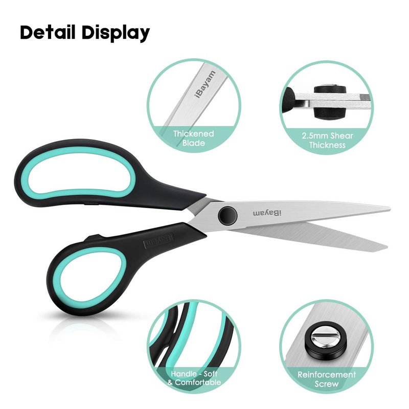 iBayam 3-Pack 8" Heavy Duty Scissors with Ultra Sharp Blades and Comfort Grip Handles - For Office, Home, School, Sewing, and Crafts
