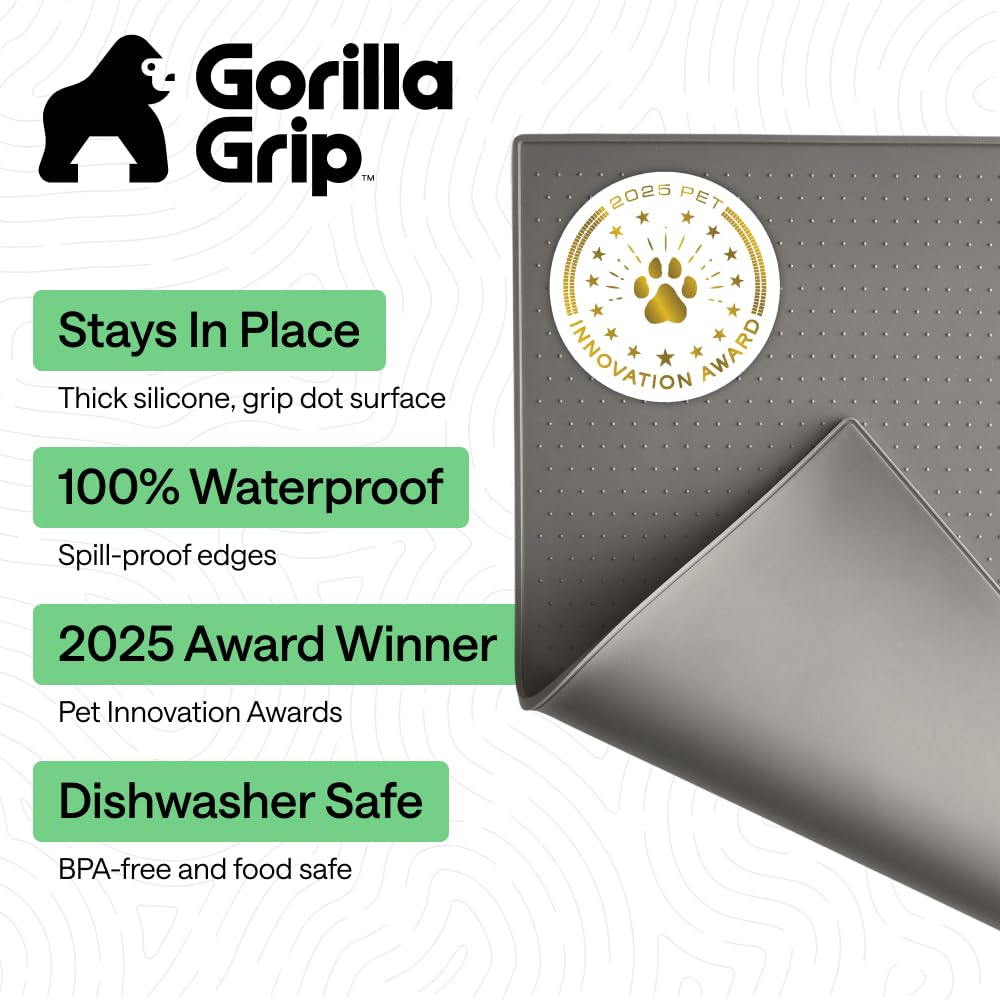 GORILLA GRIP 100% Waterproof Raised Edge BPA Free Silicone Pet Feeding Mat, Dog Cat Food Mats Contain Spills Protects Floors, Placemats for Cats and Dogs Water Bowl, 18.5x11.5, Gray