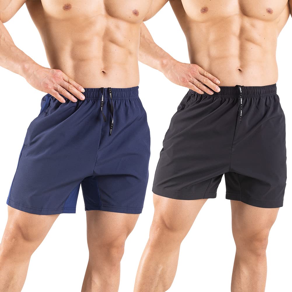 Gaglg Men's 5" Running Shorts 2 Pack Quick Dry Athletic Workout Gym Shorts with Zipper Pockets Black/Navy,X-Large