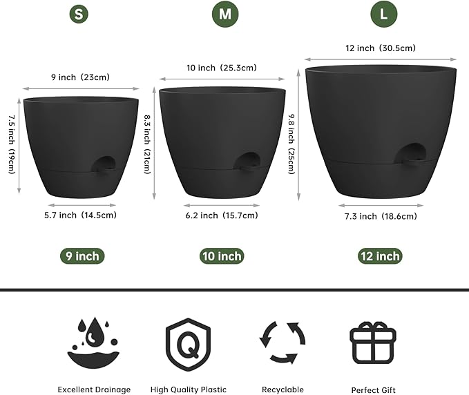 ZMTECH 9/10/12 Inch Self Watering Plant Pots with Watering Lip, Planters with Drainage Holes and Removable Saucer, Plastic Flower Pots for Indoor Outdoor Plants (3 Pack, Pure Black)