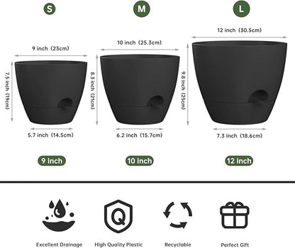 ZMTECH 9/10/12 Inch Self Watering Plant Pots with Watering Lip, Planters with Drainage Holes and Removable Saucer, Plastic Flower Pots for Indoor Outdoor Plants (3 Pack, Pure Black)