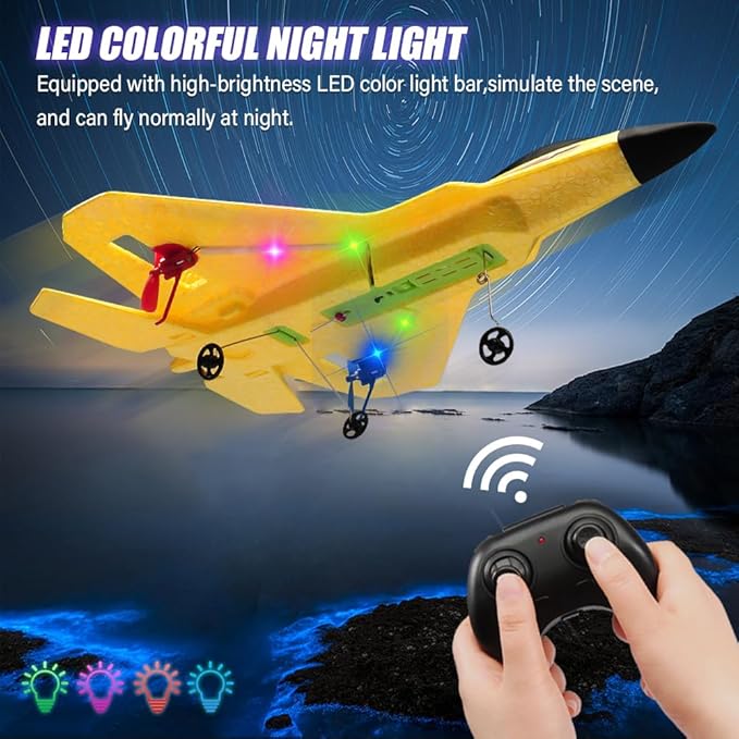 Fremego F22 RC Airplane 2.4GHz Remote Control Plane with Gyro Stabilizer LED Lights &amp Dual Batteries Easy Fly RC Glider for Kids Boys Adults Beginners(Yellow)