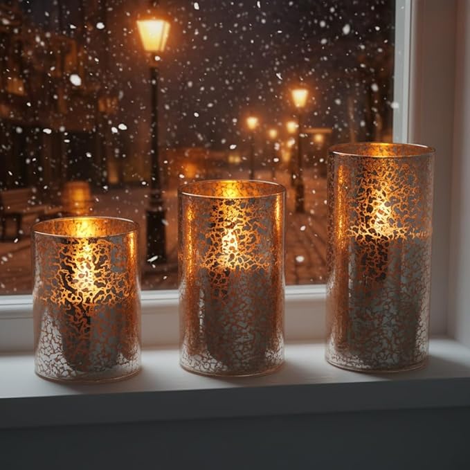 Flameless Silver Mercury Glass LED Pillar Candles with Remote and Timer, Batteries Included, Flickering Warm White Light, Set of 3 for Home Décor, Weddings, Parties, and Romantic Ambiance, Holiday