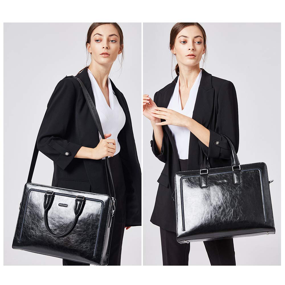 BOSTANTEN Women Genuine Leather Briefcase Tote Business Vintage Handbags 15.6" Laptop Shoulder Bag Black