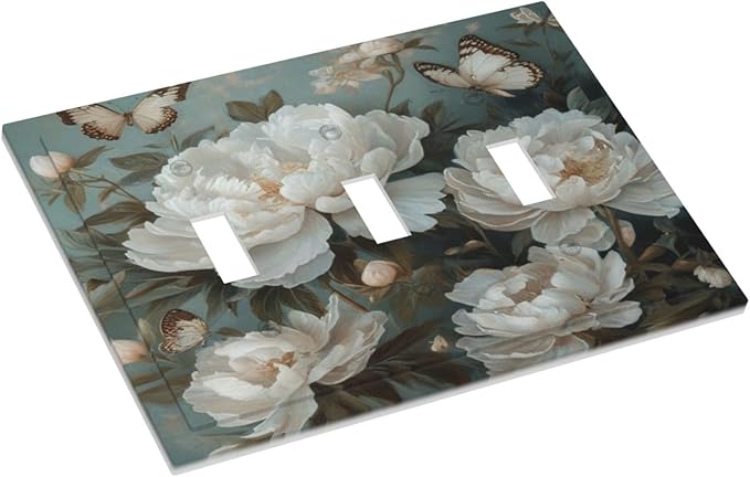 Decorative Art Light Switch Covers Butterflies & Peonies 3 Gang Triple Toggle Wall Plate Decorative Switch plate Electrical Faceplate for Home Decor