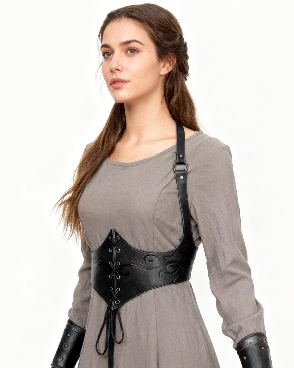 Joukavor Medieval Leather Corset Belt Renaissance Waist Cincher for Women Halloween (Black, XL)