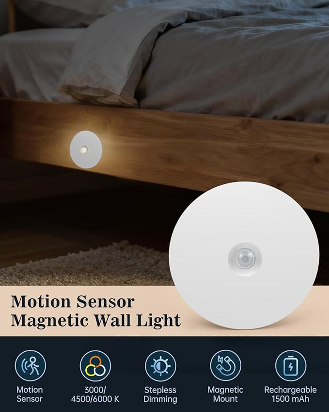 Yiliaw Motion Sensor Night Light, Rechargeable Stair Lights Indoor, Warm White with Wireless Magnetic Mount, Adjustable Brightness & 3 Color Temps for Hallway, Stairway, Bathroom, Closet (4 Pack)