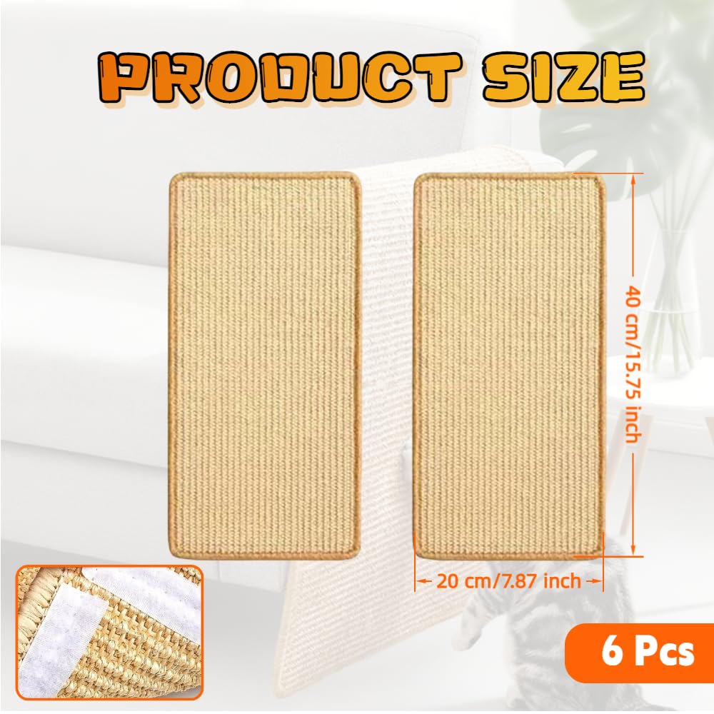 6 Pcs Cat Scratcher Mat, Sisal Fabric Cat Scratching Pad Scratch Mat for Cat with Adhesive Loop Tape Cat Scratch Pad Rug for Protect Wall Couch Carpet Window Perch (15.7x7.8 Inch)