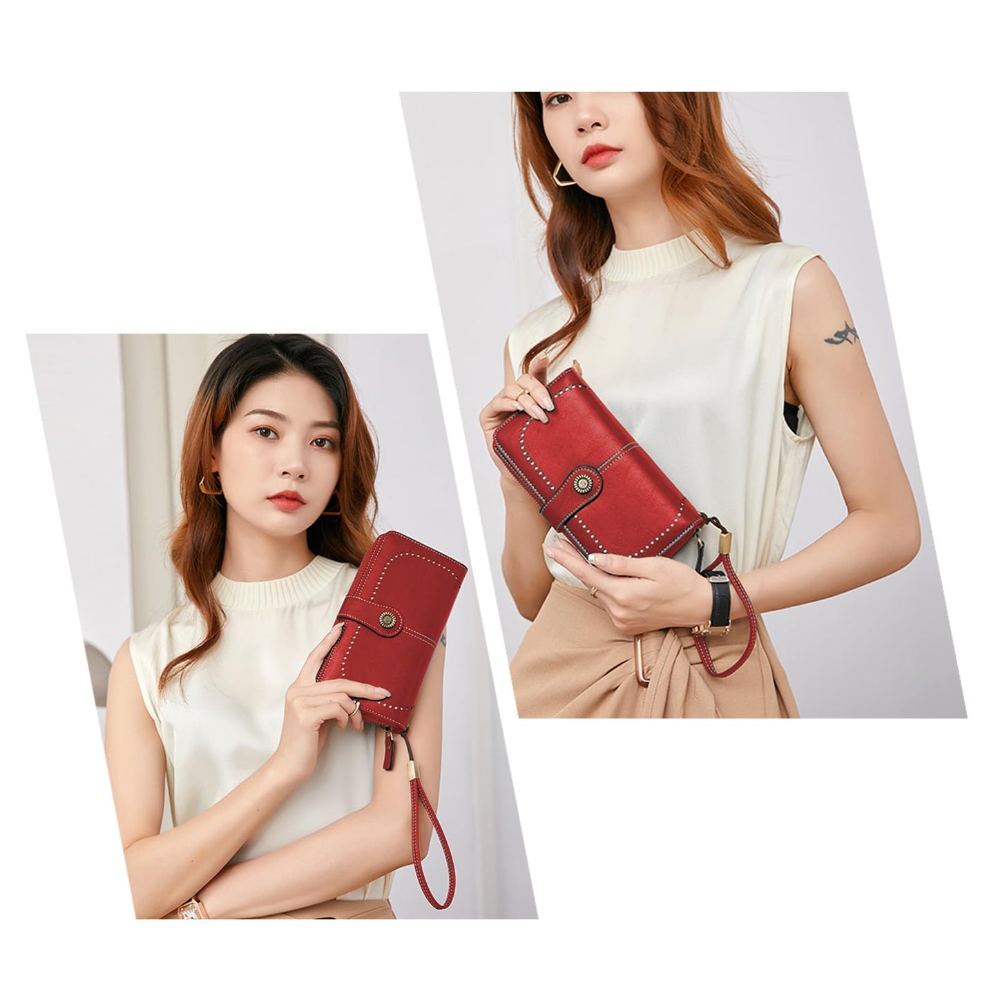YAPAIOU Wallets for Women Leather Large Capacity Credit Card Holder Bifold RFID Blocking for Women with Pocket ID Window(Wine Red)