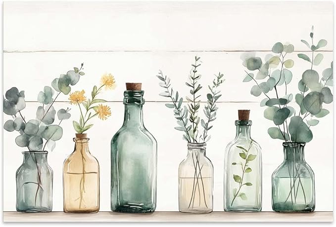 Yesad Kitchen Wall Décor Canvas Prints, Rustic Vintage Country Décor Bottles Plants Picture Farmhouse Wall Décor Poster Artwork for Cabin Living Room Bedroom Dining Room (Unframed,24”x16”, Bottle)