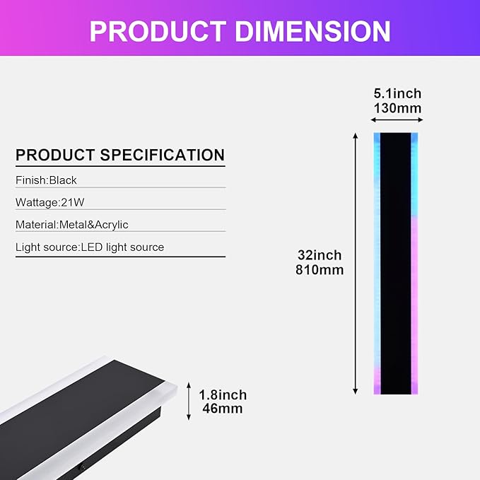 2 Pack Outdoor Long Wall Light for Porch,32 inch Modern RGB Led Wall Lights Fixture,Dimmable Exterior Linear Lighting for House,Outside LED Long Lights for Patio,Garage Decorative