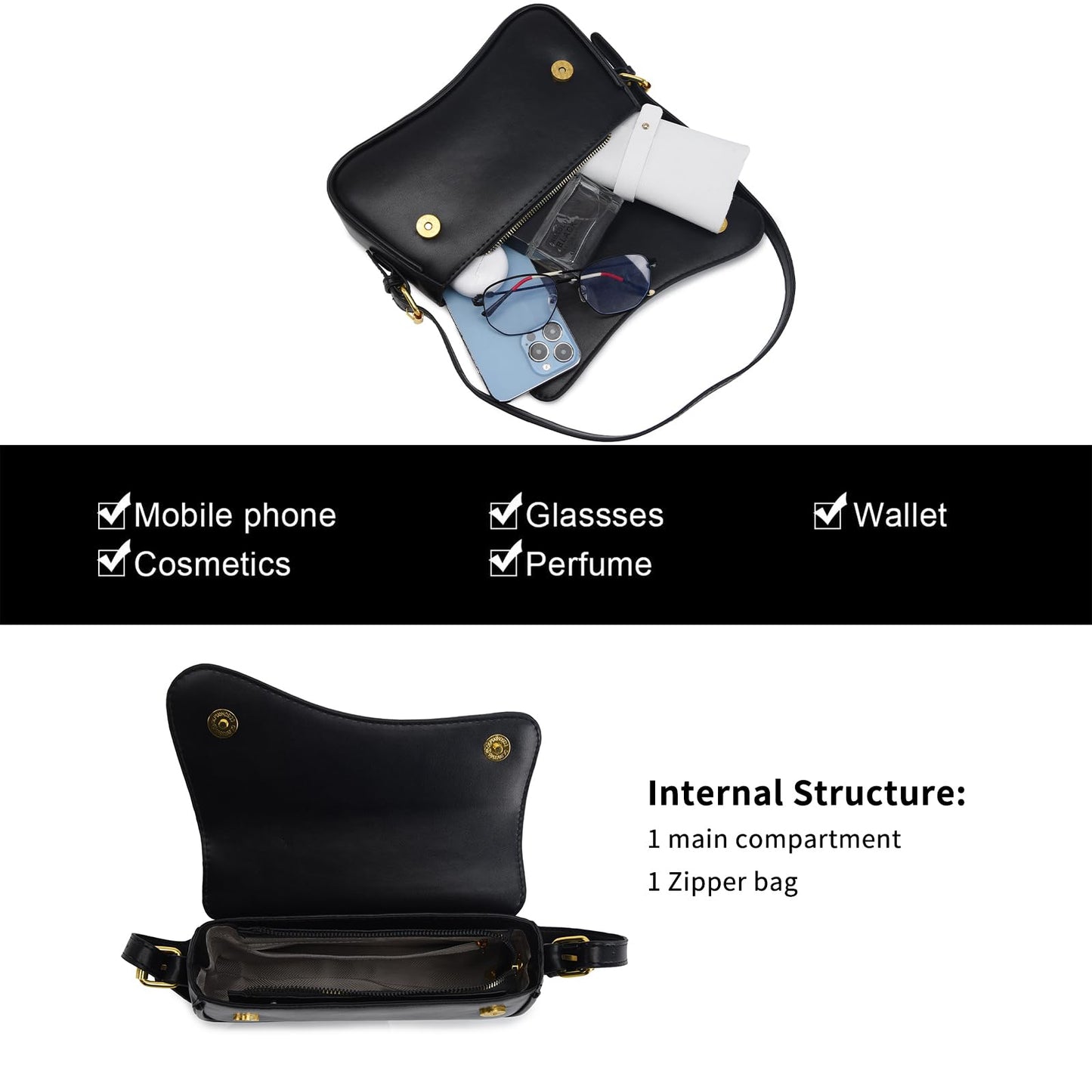Shoulder Bag for women Clutch Purse Handbag PU Leather Tote Bag with 2 Removable Straps and Zipper Closure Crossbody Bags (A-Black)