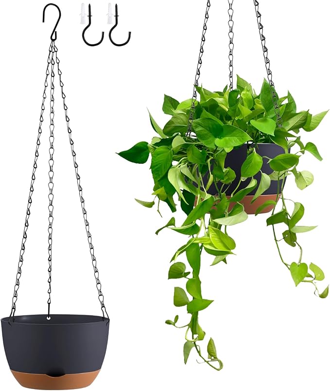 Set of 2 8 Inch Self Watering Hanging Planters for Indoor Outdoor Plants, Color Blocking Hanging Baskets Flower Pots with Drainage Hole & Removable Water-Storage Tray and 20" Chain Hanger