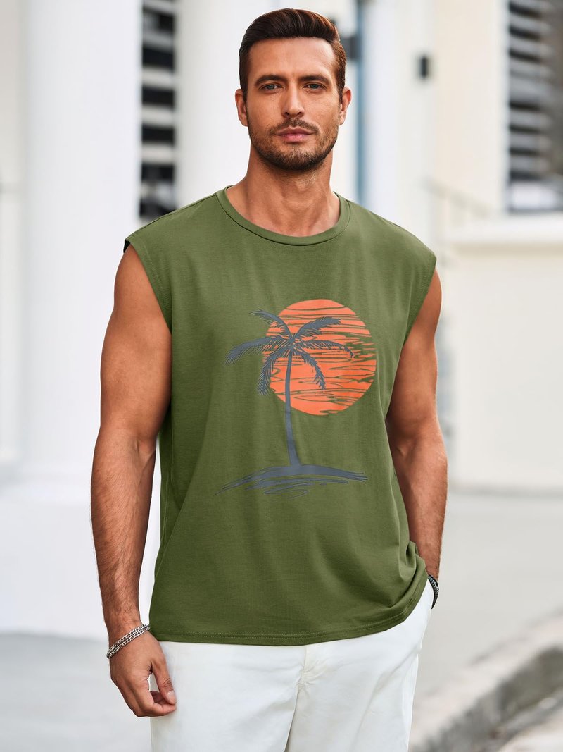 Runcati Mens Sleeveless Tank Tops Workout Gym Muscle Shirts Palm Tree Vintage Hawaiian Summer Beach T Shirts Army Green