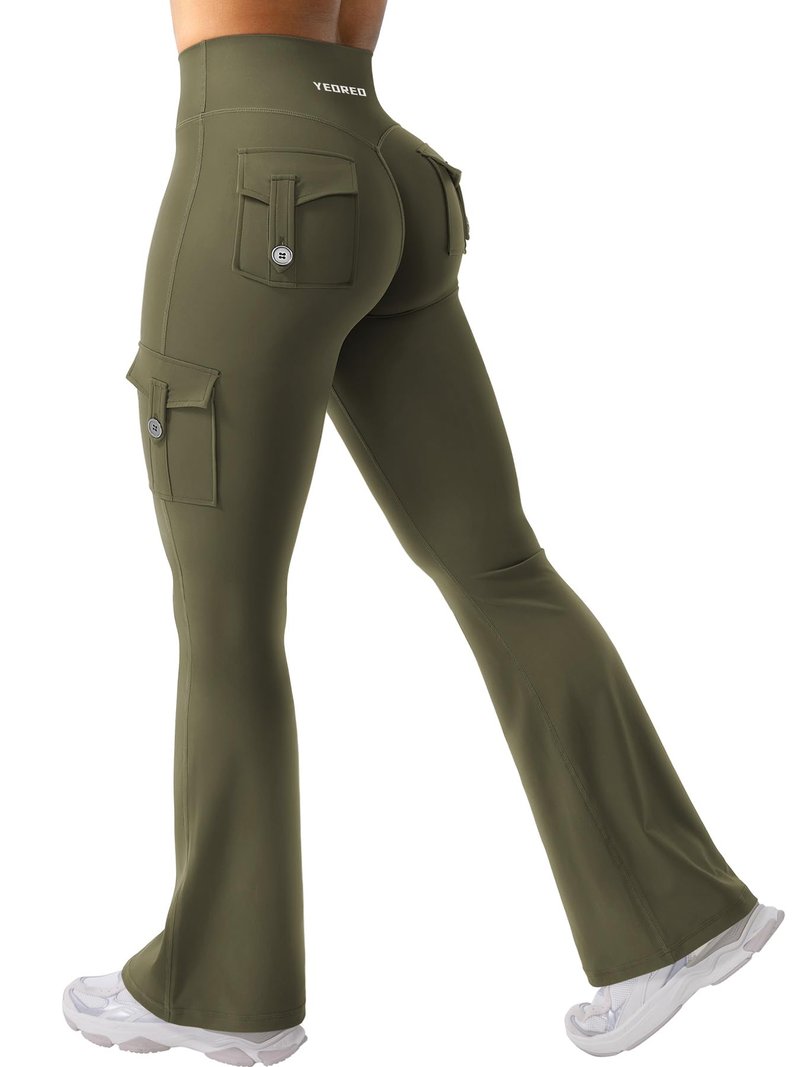 YEOREO CoreFlex Women Workout Flare Leggings with Pockets Hidden Scrunch High Waisted Cargo Gym Yoga No Front Seam Leggings Army Green S