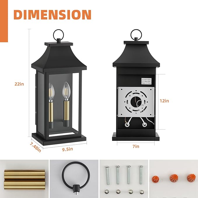 tewei 22'' Large Outdoor Wall Lights, Porch Light Outdoor Wall Sconce Lantern, 2-Light Black Exterior Lighting Fixture Wall Mount E12 Gold Base, Outside Light for House Backyard Garage, 2-Pack