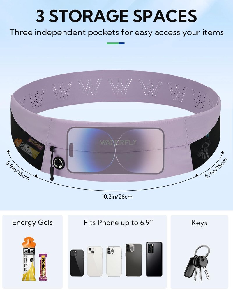 WATERFLY Running Belt Fanny Pack: Slim Waist Bag for Men Women, Workout Fitness Phone Holder for Exercise Marathon Jogging-Purple