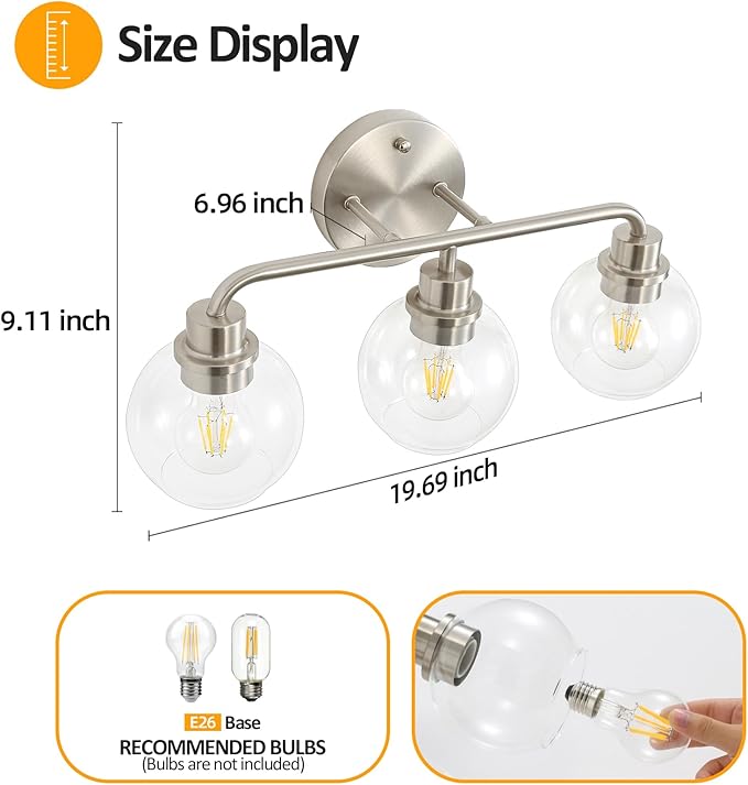 3 Light Bathroom Vanity Light Fixtures, Brushed Nickel Vanity Lights with Clear Globe Glass Shades, Modern Bathroom Lights Wall Sconce Wall Lamp for Mirror Living Room Kitchen Bedroom Hallway