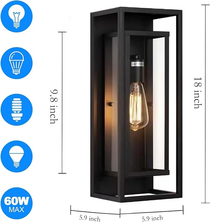 8 Pack 18 inches Outdoor Wall Lantern Light Fixture, Large Black Exterior Waterproof Wall Sconce, Anti-Rust Mount Porch Light with Clear Glass,E26 Socket